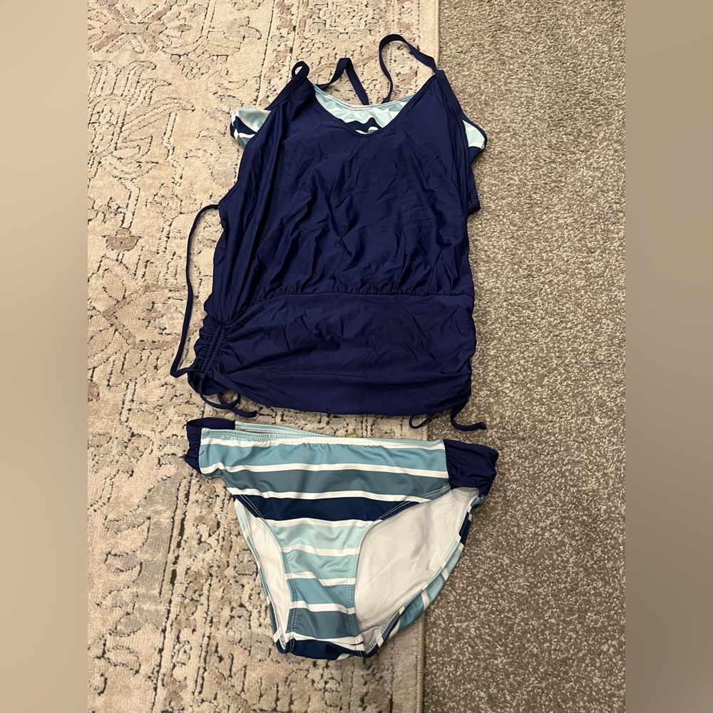 Next Double Up Tankini navy blue stripes medium